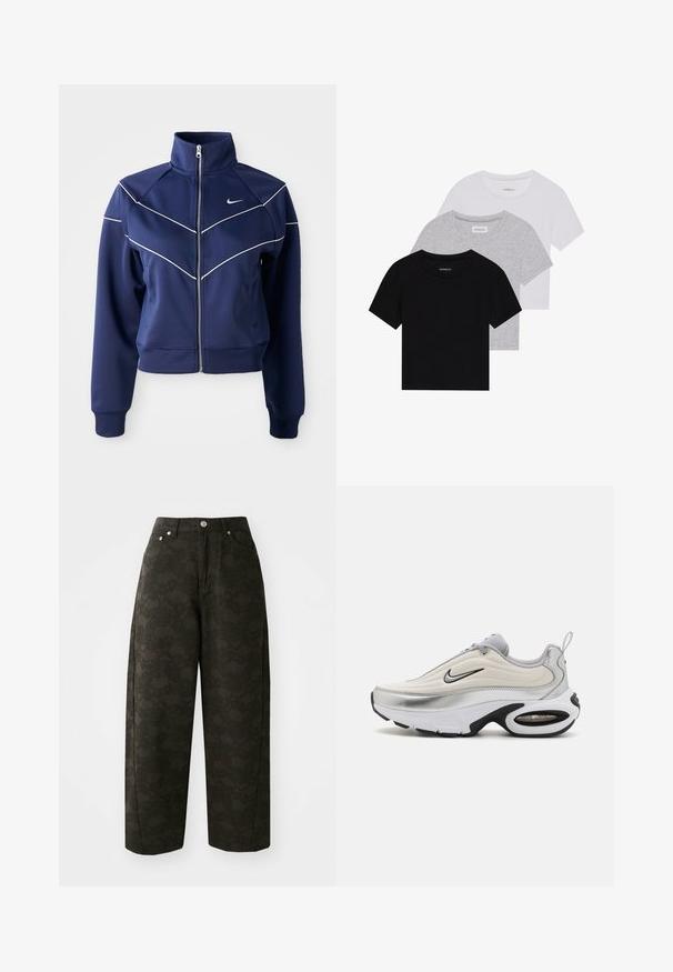 Jūras kara flotes zipsjaka, izgatavota no gludas auduma, ar augstu apkakli, baltu chevron šuvēm un sānu kabatām. Nike logo uz krūtīm.; Trīs īsām piedurknēm T-krekli melnā, pelēkā un baltā krāsā. Izgatavoti no kokvilnas, ar apaļu kakla izgriezumu un vienkāršu, viendabīgu krāsas dizainu.; Tumši zaļi platajiem kājām bikses ir ar teksturētu ziedu rakstu, piecu kabatu dizainu un metāla pogu aizdari viduklī.; Nike sporta apavi ar gludu, baltu virsu, sudraba akcentiem un melnu gumijas zoli. Iekļauj gaisa amortizāciju un plūstošu dizainu.