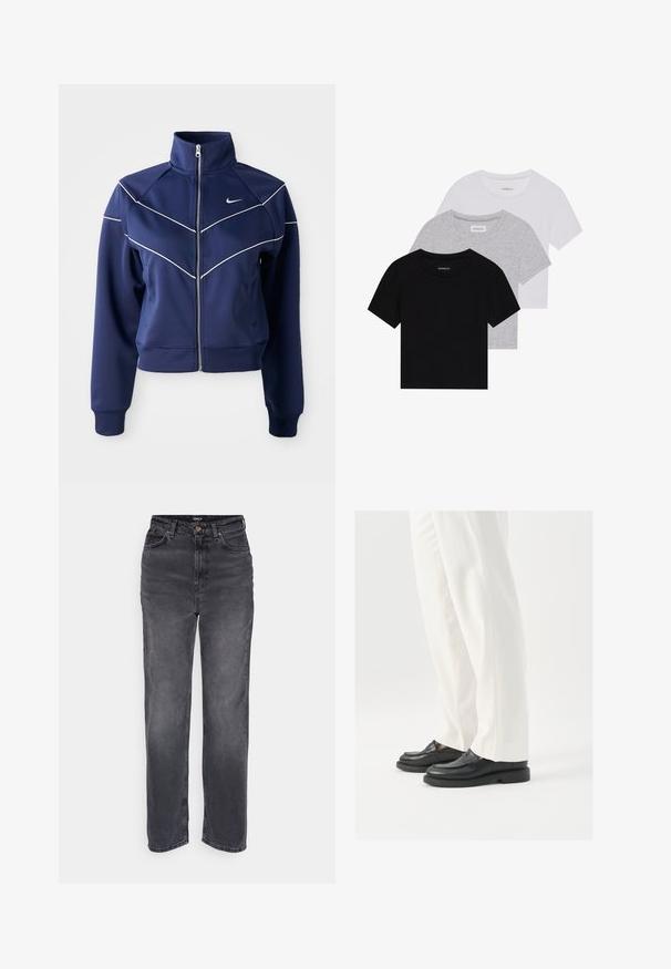 Tamsiai mėlynas užtrauktukas striukė, pagaminta iš glotnaus audinio, turi aukštą apykaklę, baltus zigzaginius siuvinėjimus ir šonines kišenes. Nike logotipas ant krūtinės.; Trijų trumpomis rankovėmis marškinėlių rinkinys juodos, pilkos ir baltos spalvos. Pagaminti iš medvilnės, turi apvalų iškirpimą ir paprastą, vientisos spalvos dizainą.; Aukšto juosmens, tiesių kojų džinsai tamsiai pilkame džinsiniame audinyje. Yra mygtuko uždarymas ir klasikinis penkių kišenių dizainas su subtiliu išblukimu.; Juodi odiniai loafersai su lygia tekstūra, siuvinėjimo detalėmis ir apvaliu pirštu, derinami su baltais pritaikytais kelniais.