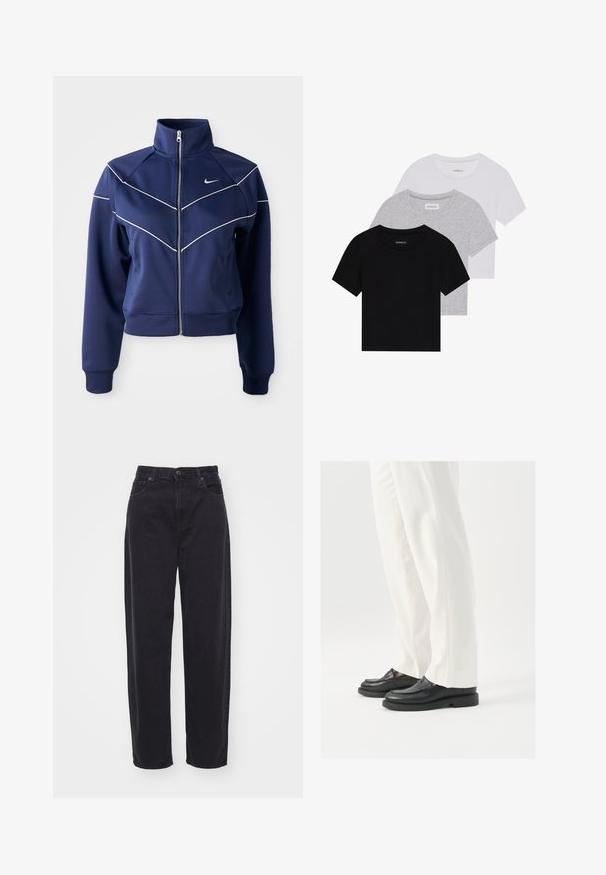 Námořnická zippovaná bunda vyrobená z hladkého materiálu má vysoký límec, bílou chevronovou výšivku a boční kapsy. Na hrudi je logo Nike.; Sada tří triček s krátkým rukávem v černé, šedé a bílé barvě. Vyrobena z bavlny, s kulatým výstřihem a jednoduchým jednobarevným designem.; Černé džíny s vysokým pasem vyrobené z denimu. Rovný střih s knoflíkem a zipem. Obsahují přední kapsy a mají klasický střih.; Černé kožené mokasíny s hladkým povrchem, švovými detaily a zaoblenou špičkou, kombinované s bílými saka kalhotami.