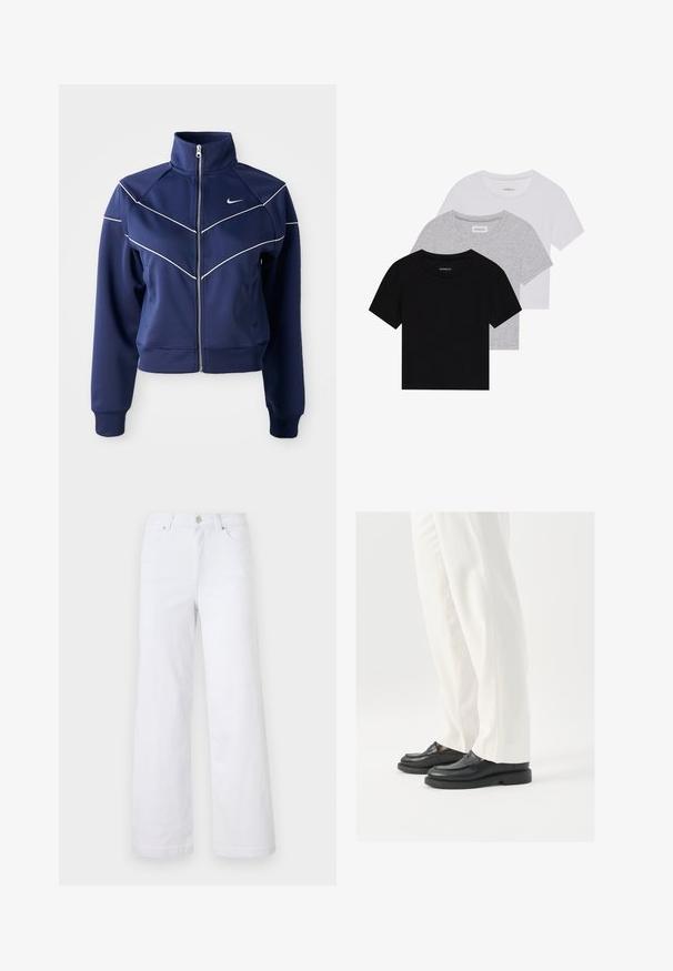 Tamsiai mėlynas užtrauktukas striukė, pagaminta iš glotnaus audinio, turi aukštą apykaklę, baltus zigzaginius siuvinėjimus ir šonines kišenes. Nike logotipas ant krūtinės.; Trijų trumpomis rankovėmis marškinėlių rinkinys juodos, pilkos ir baltos spalvos. Pagaminti iš medvilnės, turi apvalų iškirpimą ir paprastą, vientisos spalvos dizainą.; Balti džinsai su platais kojų sijonais turi užtrauktuko priekį, sagos uždarymą, dvi priekines kišenes ir švarų, be puošmenų dizainą.; Juodi odiniai loafersai su lygia tekstūra, siuvinėjimo detalėmis ir apvaliu pirštu, derinami su baltais pritaikytais kelniais.