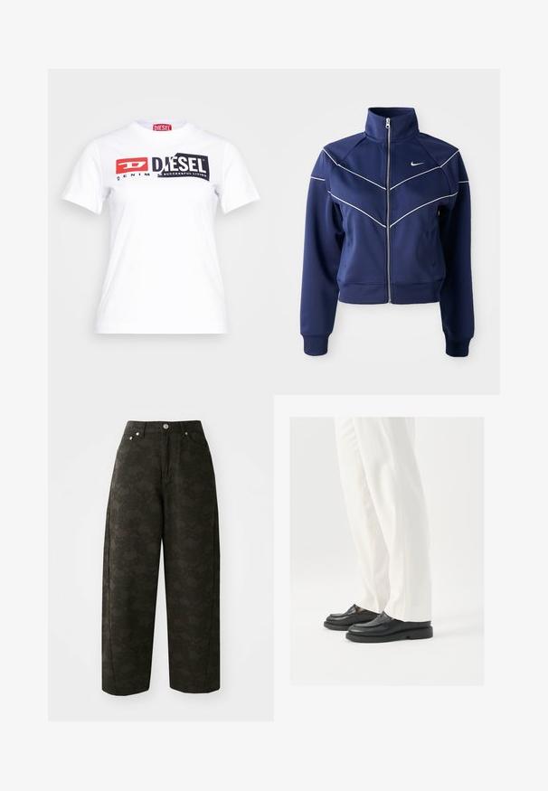 Mornarska zip-up jakna iz gladkega materiala ima visok ovratnik, bele chevron šive in stranske žepe. Nike logo na prsih.; Bela bomba majica iz bombaža s krojem na vratu, ki vsebuje izpostavljeno črno in rdečo Diesel blagovno znamko ter besedilo "DENIM" v kontrastnem slogu. Kratki rokavi.; Temno zelene široke hlače imajo teksturiran cvetlični vzorec, pet žepov in kovinske gumbe za zapiranje v pasu.; Črne usnjene loaferje z gladko teksturo, šivi in zaobljenim prstom, pomešane z belimi krojenimi hlačami.