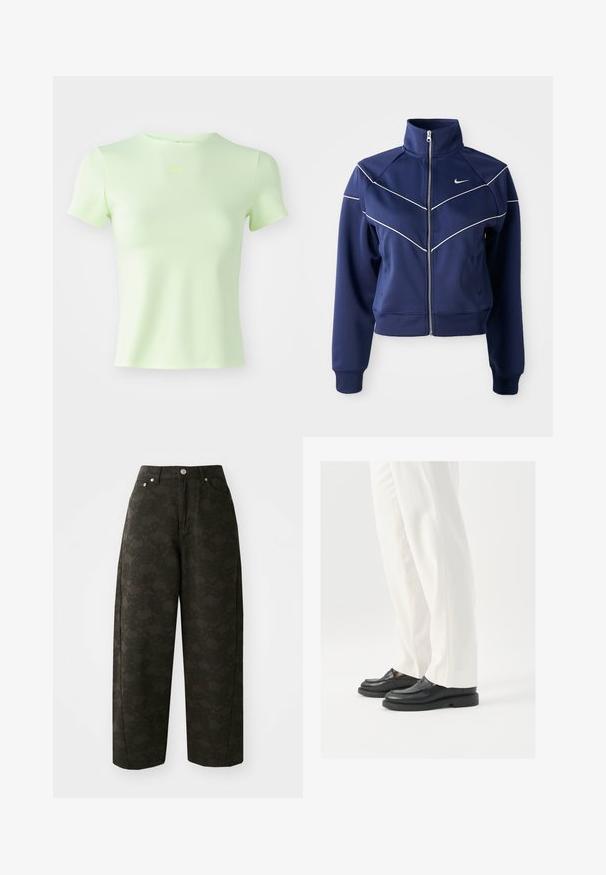 Marineblaue Zip-Jacke aus glattem Stoff mit hohem Kragen, weißen Chevron-Nähten und Seitentaschen. Nike-Logo auf der Brust.; Hellgrünes, tailliertes T-Shirt aus glattem Stoff, mit rundem Halsausschnitt und kurzen Ärmeln, versehen mit einem kleinen Neon-grünen Nike-Logo.; Dunkelgrüne weit geschnittene Hosen verfügen über ein strukturiertes Blumenmuster, ein Fünf-Taschen-Design und Metallknopfverschlüsse an der Taille.; Schwarze Lederloafers mit glatter Textur, mit Stichdetails und runder Zehenform, kombiniert mit weißen maßgeschneiderten Hosen.