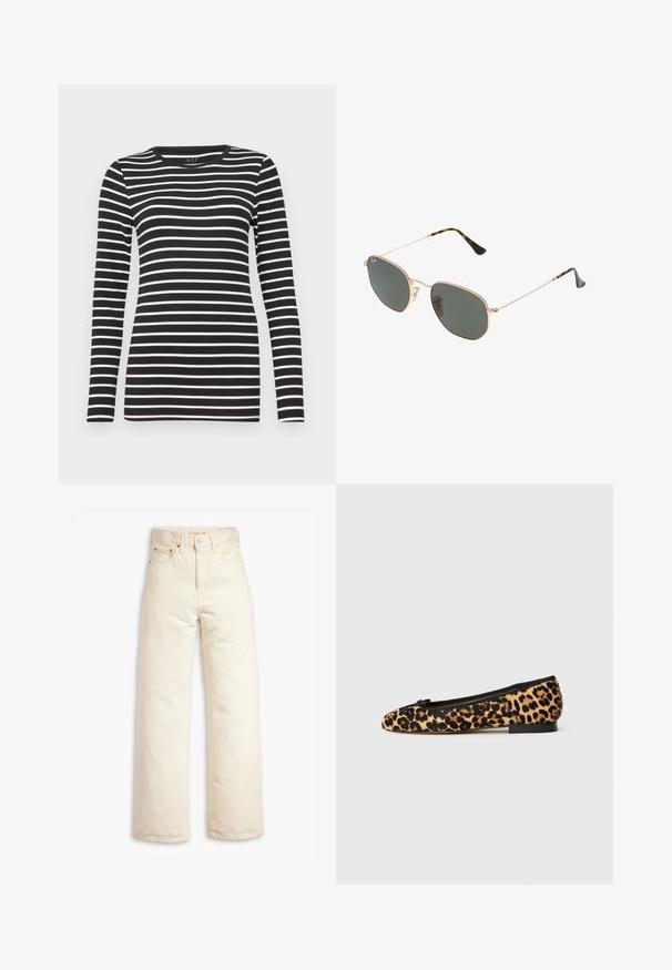 Črna usnjena jakna s ovratnikom, zapiranjem na gumb in dvema sprednjima žepoma. Ima gladko teksturo in krajšem dizajnu.; Črn dolg rokav majica z vodoravnimi belimi črtami, okroglo ovratnikom in prilegajočim dizajnom. Narejena je iz mehke tkanine z gladko teksturo.; Bež široke hlače iz jeansa, narejene iz bombažnega denima. Značilnosti vključujejo visok pas, gumbasto zapiranje in dizajn s petimi žepi. Gladka, trpežna tekstura.; Baletne ploščate čevlje z leopardjim vzorcem, ki se ponašajo z mehkim zgornjim delom iz tkanine, črnimi detajli in majhnim metuljčkom na prstih. Nizek, kvadratni črn petek.; Sončna očala z zlatim kovinskim okvirjem in temno zelenimi lečami, aviatorskega sloga, z vitekimi ročaji in želvovim vzorcem na konicah.; Črna strukturirana toaletna torba z kratkimi ročaji, ki ima zlat zaklep in poudarke. Oblikovanje je strukturirano, s geometrijsko silhueto.