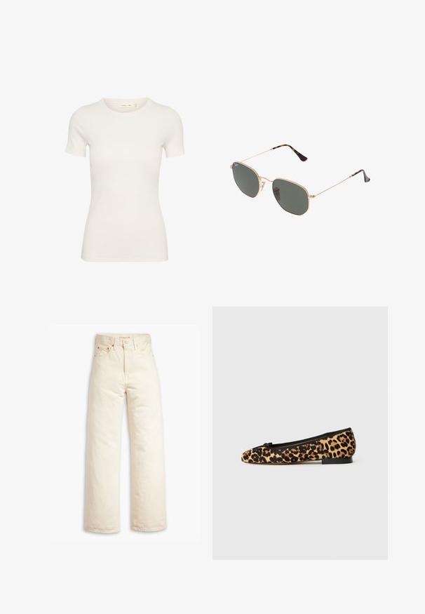 Črna usnjena jakna s ovratnikom, zapiranjem na gumb in dvema sprednjima žepoma. Ima gladko teksturo in krajšem dizajnu.; Kratkoročnapolnjena bela majica iz rebrastega bombaža, s kružno ovratnikom in prileženo silhueto. Brez vidnih vzorcev ali dodatkov.; Bež široke hlače iz jeansa, narejene iz bombažnega denima. Značilnosti vključujejo visok pas, gumbasto zapiranje in dizajn s petimi žepi. Gladka, trpežna tekstura.; Baletne ploščate čevlje z leopardjim vzorcem, ki se ponašajo z mehkim zgornjim delom iz tkanine, črnimi detajli in majhnim metuljčkom na prstih. Nizek, kvadratni črn petek.; Sončna očala z zlatim kovinskim okvirjem in temno zelenimi lečami, aviatorskega sloga, z vitekimi ročaji in želvovim vzorcem na konicah.; Črna strukturirana toaletna torba z kratkimi ročaji, ki ima zlat zaklep in poudarke. Oblikovanje je strukturirano, s geometrijsko silhueto.