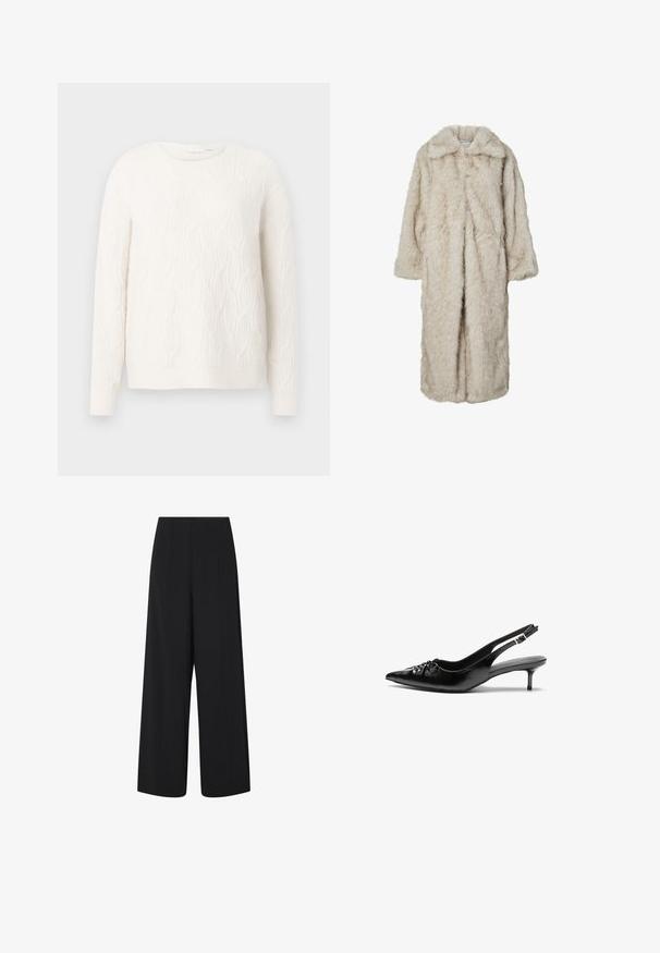 Dlouhý kabát z umělé kožešiny ve světle béžové barvě, s klopovým límcem a dlouhými rukávy. Měkká textura s načechraným vzhledem a bez viditelných zapínání.; Krémový pletený svetr s texturovaným kabelovým vzorem, kulatým výstřihem a dlouhými rukávy. Měkký materiál, volnější střih, jednobarevný.; Černé široké zkrácené kalhoty s vysokým pasem a bočními kapsami, které mají jemné vertikální švy.; Černé kožené lodičky na slingback s špičatou špičkou, malým podpatkem typu kitten a ozdobným uzlem na přední straně. Hladký povrch po celém obvodu.
