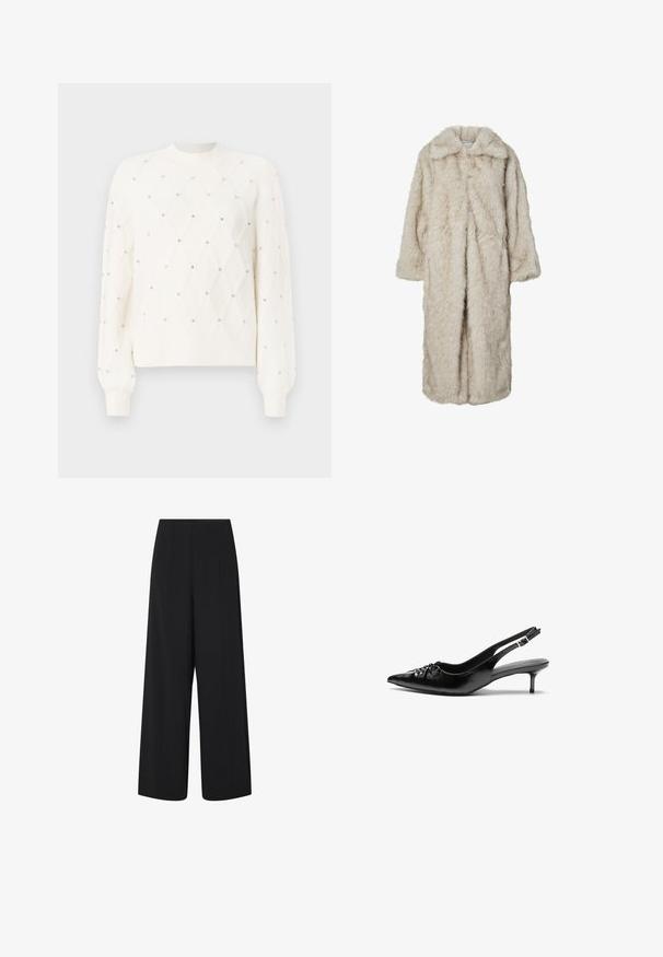 Dlouhý kabát z umělé kožešiny ve světle béžové barvě, s klopovým límcem a dlouhými rukávy. Měkká textura s načechraným vzhledem a bez viditelných zapínání.; Bílý pletený svetr s diamantovým vzorem, ozdobený malými kamínky. Má žebrovaný kulatý výstřih a dlouhé rukávy.; Černé široké zkrácené kalhoty s vysokým pasem a bočními kapsami, které mají jemné vertikální švy.; Černé kožené lodičky na slingback s špičatou špičkou, malým podpatkem typu kitten a ozdobným uzlem na přední straně. Hladký povrch po celém obvodu.