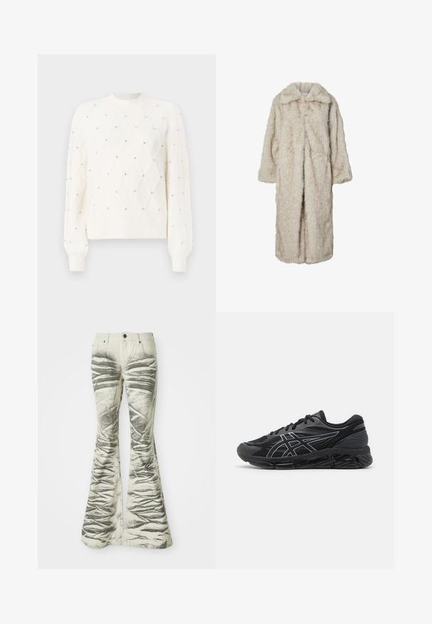 Long faux fur coat in light beige, featuring a notched collar and long sleeves. Soft texture with a fluffy appearance and no visible fastenings.; White knitted sweater with a diamond pattern, embellished with small rhinestones. Features a ribbed crew neck and long sleeves.; Light-colored flared jeans with textured black horizontal stripes and wrinkled detailing, featuring front pockets and metal button closure.; Men's running shoes in black mesh with reflective silver accents, featuring a cushioned sole and a textured surface for grip.