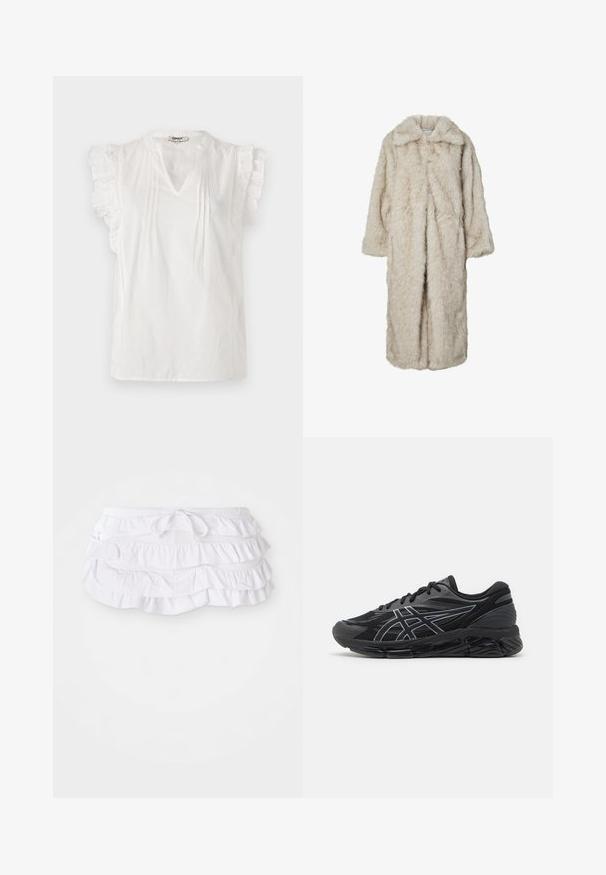 Long faux fur coat in light beige, featuring a notched collar and long sleeves. Soft texture with a fluffy appearance and no visible fastenings.; White short-sleeve blouse with ruffled accents, V-neckline, pleats, and dot texture throughout. Made of lightweight fabric.; White cotton t-shirt with short sleeves, crew neck, and a small black logo stitched on the left sleeve. Simple and smooth texture.; White ruffled swim skirt with multiple layers, featuring a drawstring waist for adjustment. Soft fabric with a smooth texture.; Men's running shoes in black mesh with reflective silver accents, featuring a cushioned sole and a textured surface for grip.