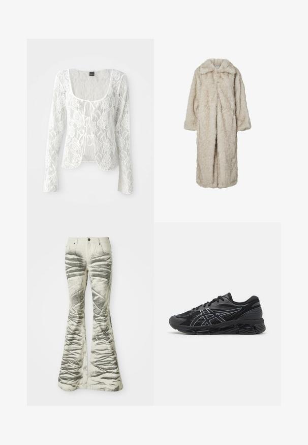 Cappotto lungo in pelliccia sintetica di un beige chiaro, dotato di colletto a rever e maniche lunghe. Texture morbida con un aspetto soffice e senza chiusure visibili.; Cardigan bianco in pizzo con maniche lunghe, scollatura a barca e chiusura a fiocco. Motivo floreale con una trama trasparente e orlo curvo.; Jeans svasati di colore chiaro con strisce orizzontali nere testurizzate e dettagli stropicciati, dotati di tasche frontali e chiusura con bottone in metallo.; Scarpe da corsa da uomo in mesh nero con dettagli riflettenti argentati, dotate di una suola imbottita e una superficie testurizzata per una migliore aderenza.