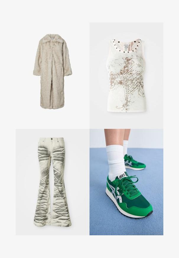 Lang faux fur-kåpe i lysebeige, med notched krage og lange ermer. Myk tekstur med en fluffy utseende og uten synlige lukkinger.; Ermeløs tanktop i lys farge med dekorative gullmønstre og nagleakenter rundt halsen. Glatt og myk tekstur.; Lysfargede flare-jeans med teksturerte svarte horisontale striper og rynkete detaljer, med frontlommer og metallknapplukking.; Grønn netting- og syntetisk joggesko med hvite detaljer og svart gummisåle. Har snøring, polstret krage og ASICS-logo på tungen.