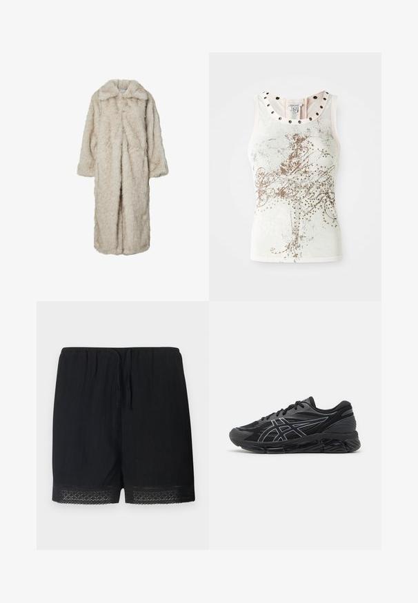 Cappotto lungo in pelliccia sintetica di un beige chiaro, dotato di colletto a rever e maniche lunghe. Texture morbida con un aspetto soffice e senza chiusure visibili.; Canottiera senza maniche di colore chiaro con decorazioni in oro e dettagli in borchie attorno al collo. Tessuto morbido e liscio.; Pantaloni corti neri in tessuto testurizzato con cintura elastica e laccio, dotati di un delicato bordo in pizzo all'orlo.; Scarpe da corsa da uomo in mesh nero con dettagli riflettenti argentati, dotate di una suola imbottita e una superficie testurizzata per una migliore aderenza.