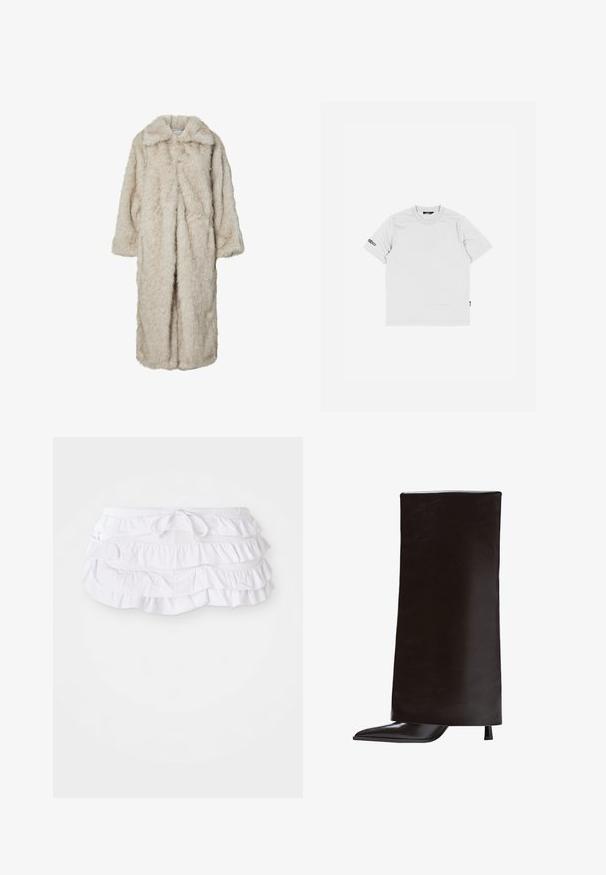 Długi płaszcz z futra syntetycznego w jasnym beżu, z wytłaczanym kołnierzem i długimi rękawami. Miękka faktura o puszystym wyglądzie, bez widocznych zapięć.; Biała bawełniana koszulka z krótkim rękawem, okrągłym dekoltem i małym czarnym logo wyszytym na lewym rękawie. Prosta i gładka faktura.; Biała spódnica kąpielowa z falbankami, wielowarstwowa, z paskiem do regulacji w talii. Miękki materiał o gładkiej teksturze.; Czarne wysokie buty na kolano wykonane z gładkiej skóry, z ostrym noskiem i wąskim obcasem. Minimalistyczny design z elegancką, zdefiniowaną sylwetką.