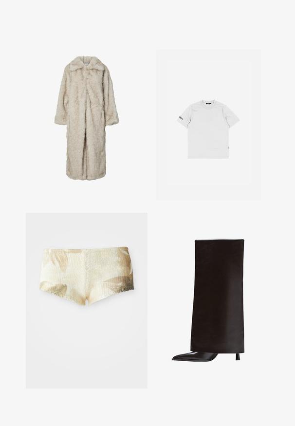 Dolga plašč iz umetnega krzna v svetlo bež barvi, z izrezanim ovratnikom in dolgimi rokavi. Mehka tekstura z puhastim videzom in brez vidnih zapiral. ; Bela bombažna majica s kratkimi rokavi, okroglim izrezom in majhnim črnim logotipom vezenim na levem rokavu. Preprosta in gladka tekstura.; Pleteni šorti v svetlo bež barvi s cvetličnim vzorcem. Imajo teksturirano površino in valovit rob. Mehka in lahka tkanina.; Črne škornje do kolen, izdelane iz gladke usnje, z ostro točko in ozkim peto. Minimalističen dizajn z elegantno in strukturirano silhueto.