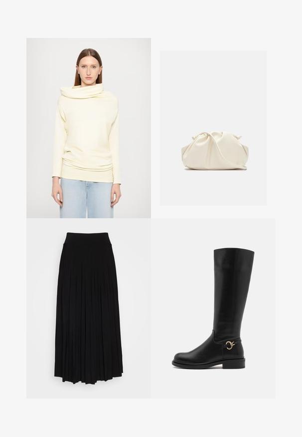 Long faux fur coat in light beige, featuring a notched collar and long sleeves. Soft texture with a fluffy appearance and no visible fastenings.; Long-sleeve, cowl-neck top in soft light yellow fabric, featuring a relaxed fit and draped design, paired with light blue jeans.; Black pleated skirt with a high, stretchy waistband. Made from soft fabric, featuring vertical pleats for a flowing silhouette.; Anna Field Wide Fit Boots - black; Cream-colored, soft faux leather bag with gathered design, adjustable strap, and subtle drawstring closure. Smooth texture and rounded shape.