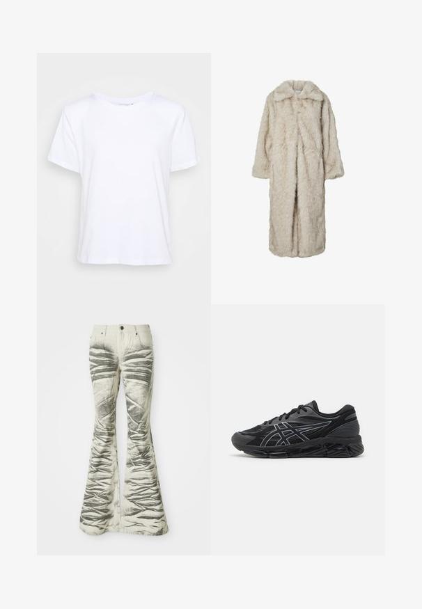 Dlouhý kabát z umělé kožešiny ve světle béžové barvě, s klopovým límcem a dlouhými rukávy. Měkká textura s načechraným vzhledem a bez viditelných zapínání.; Bílý bavlněný tričko s kulatým výstřihem, krátkými rukávy a uvolněným střihem, s hladkou texturou a minimalistickým designem.; Světlé zvonové džíny s texturovanými černými horizontálními pruhy a vrásčitou úpravou, s předními kapsami a kovovým zapínáním na knoflík.; Pánské běžecké boty z černé síťoviny s reflexními stříbrnými akcenty, vybavené polstrovanou podešví a texturovaným povrchem pro lepší grip.