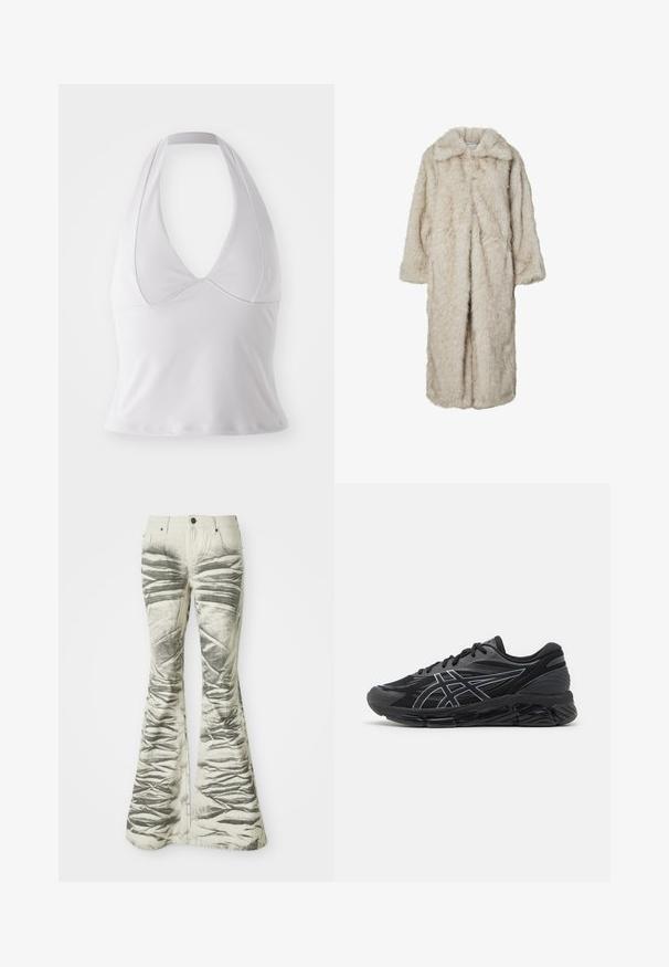 Pitkä vaalea beige keinokarvatakki, jossa on leikattu kaulus ja pitkät hihat. Pehmeä pinta, joka näyttää pörröiseltä, ilman näkyviä kiinnityksiä.; Valkoinen halterneck-toppi, joka on valmistettu sileästä kankaasta, syvällä V-pääntiellä ja istuvalla muotoilulla, ilman lisäkuvioita tai -metalliosia.; Vaaleat leveälahkeiset farkut, joissa on tekstiilietuinen mustia vaakaraitoja ja ryppyisiä yksityiskohtia. Farkuissa on etutaskut ja metallinappikiinnitys.; Miestne bežecké topánky z čiernej sieťoviny s reflexnými striebornými akcentmi, so zjemnenou podrážkou a štruktúrovaným povrchom pre lepšiu priľnavosť.