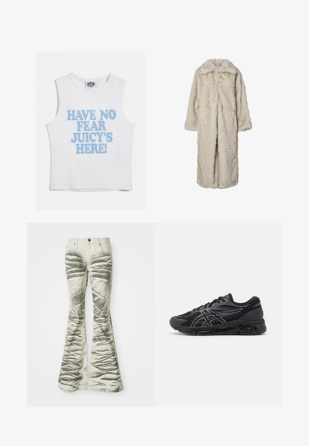 Hosszú, világos bézs színű műszőrme kabát, kihajtott gallérral és hosszú ujjakkal. Puha tapintású, bolyhos megjelenésű, látható záródások nélkül.; Fehér ujjatlan crop top, melynek elülső oldalán merész kék felirat olvasható: "NINCS VÉNUSZ, ITT VAN JUICY!" Puha pamut anyagból készült, kerek nyakkivágással.; Világos színű, bővülő farmernadrág fekete, texturált vízszintes csíkokkal és gyűrött részletekkel, elülső zsebekkel és fémből készült gombos záródással.; Férfi futócipők fekete hálós anyagból, fényvisszaverő ezüst kiegészítőkkel, párnázott talppal és texturált felülettel a tapadás érdekében.