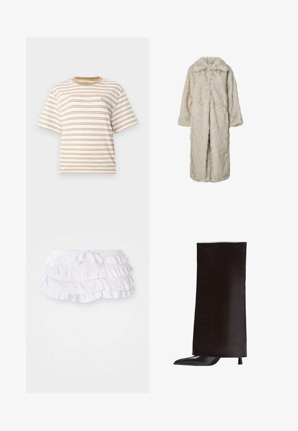 Długi płaszcz z futra syntetycznego w jasnym beżu, z wytłaczanym kołnierzem i długimi rękawami. Miękka faktura o puszystym wyglądzie, bez widocznych zapięć.; Koszulka z krótkim rękawem, okrągłym dekoltem w kolorze białym z poziomymi, beżowymi paskami. Posiada małe logo na piersi oraz luźny krój.; Biała spódnica kąpielowa z falbankami, wielowarstwowa, z paskiem do regulacji w talii. Miękki materiał o gładkiej teksturze.; Czarne wysokie buty na kolano wykonane z gładkiej skóry, z ostrym noskiem i wąskim obcasem. Minimalistyczny design z elegancką, zdefiniowaną sylwetką.