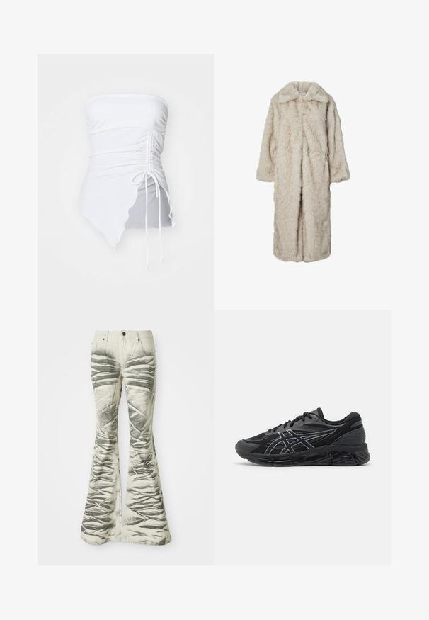 Long faux fur coat in light beige, featuring a notched collar and long sleeves. Soft texture with a fluffy appearance and no visible fastenings.; White strapless top featuring gathered texture, asymmetrical hem, and adjustable drawstring detail on the side. Smooth, stretchy fabric.; Light-colored flared jeans with textured black horizontal stripes and wrinkled detailing, featuring front pockets and metal button closure.; Men's running shoes in black mesh with reflective silver accents, featuring a cushioned sole and a textured surface for grip.