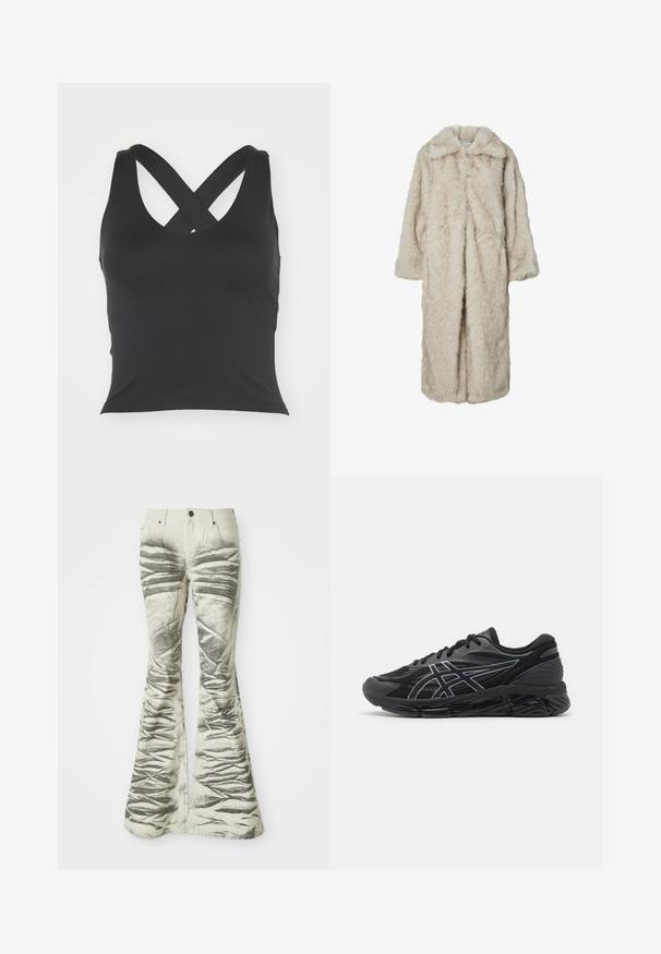 Palton lung din blană sintetică de culoare bej deschis, cu guler tăiat și mâneci lungi. Textură moale cu un aspect pufoș și fără închideri vizibile.; Top negru, fără mâneci, cu decolteu rotund și bretele intersectate în spate. Fabricat dintr-un material neted, cu o siluetă ajustată și fără detalii vizibile.; Jeans evazați de culoare deschisă cu dungi orizontale texturate negre și detalii șifonate, având buzunare frontale și închidere cu nasture metalic.; Pantofi de alergare pentru bărbați din plasă neagră cu accente argintii reflective, având o talpă amortizată și o suprafață texturată pentru aderență.