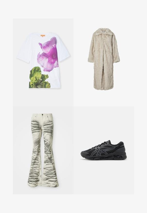 Dlouhý kabát z umělé kožešiny ve světle béžové barvě, s klopovým límcem a dlouhými rukávy. Měkká textura s načechraným vzhledem a bez viditelných zapínání.; Stine Goya MARGILA - Triko s potiskem - multi-coloured; Světlé zvonové džíny s texturovanými černými horizontálními pruhy a vrásčitou úpravou, s předními kapsami a kovovým zapínáním na knoflík.; Pánské běžecké boty z černé síťoviny s reflexními stříbrnými akcenty, vybavené polstrovanou podešví a texturovaným povrchem pro lepší grip.