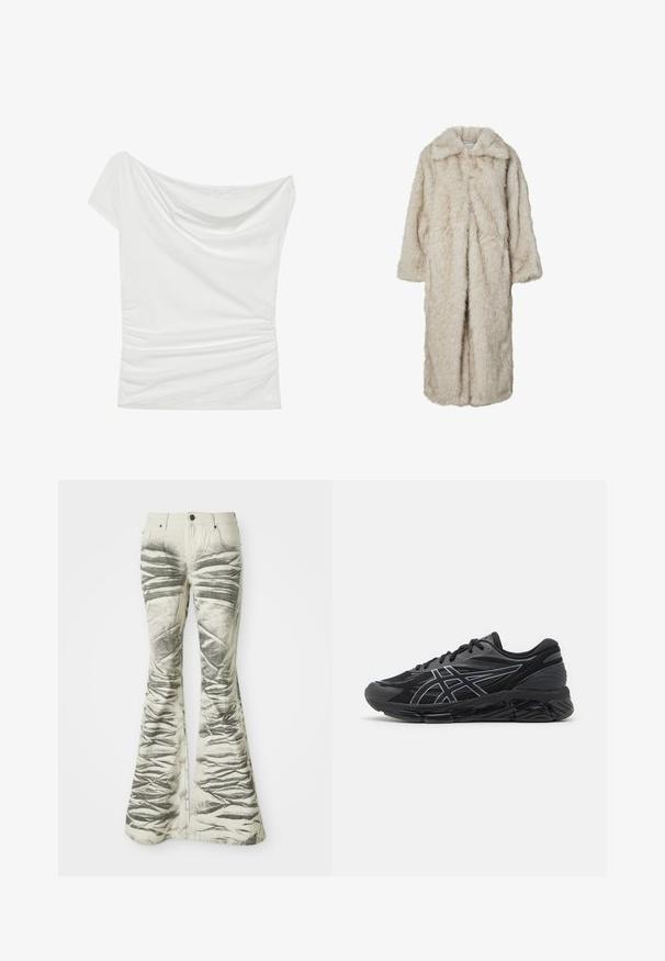 Langer Kunstfellmantel in hellem Beige, mit Reverskragen und langen Ärmeln. Weicher Stoff mit flauschigem Aussehen und ohne sichtbare Verschlüsse.; Weißes schulterfreies Oberteil aus weichem Stoff, mit einem drapierten Ausschnitt und gerafftem Seitendetail, sowie einem strukturierten Spitzenakzent am Saum.; Hellfarbene, ausgestellte Jeans mit strukturierten, schwarzen horizontalen Streifen und zerknitterten Details, ausgestattet mit vorderen Taschen und einem Metallknopfverschluss.; Herren Laufschuhe aus schwarzem Mesh mit reflektierenden silbernen Akzenten, ausgestattet mit einer gepolsterten Sohle und einer strukturierten Oberfläche für besseren Halt.
