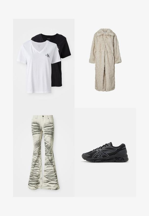 Garšs mākslīgā kažokādas mētelis gaisā bēžā krāsā ar izgriezumu pie apkakles un garām piedurknēm. Mīksta tekstūra ar pūkainu izskatu un bez redzamām aizdares.; Divi V veida kakla T-krekli: viens balts, otrs melns. Abi ir kokvilnas, ar īsām piedurknēm un mazu logotipu kreisajā krūtīs. Vienkāršs dizains.; Gaišas toņos flared džinsi ar teksturētām melnām horizontālām svītrām un nolocītām detaļām, ar priekšējiem kabatām un metāla pogas aizdari.; Vīriešu skriešanas apavi melnā sietā ar atstarojošiem sudraba akcentiem, ar mīkstu zoli un teksturētu virsmu labākai saķerei.