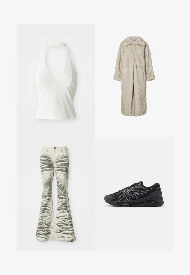 Lang faux fur frakke i lys beige med en klapkrave og lange ærmer. Blød tekstur med en fluffy udseende og ingen synlige lukninger.; Hvid top med halterneck og dyb V-udskæring, lavet af glat, strækbart stof. Har et tætsiddende design og en cropped silhuet.; Lysfarvede flared jeans med teksturerede sorte vandrette striber og krøllede detaljer, der har forlommer og metalknaplukning.; Herrerunning sko i sort mesh med reflekterende sølv detaljer, der har en polstret sål og en struktureret overflade for godt greb.