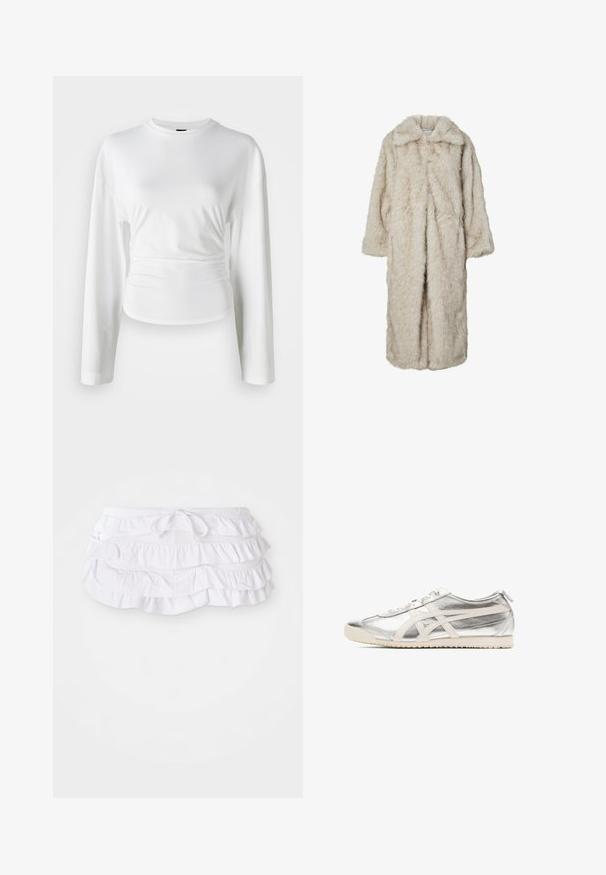 Langer Kunstfellmantel in hellem Beige, mit Reverskragen und langen Ärmeln. Weicher Stoff mit flauschigem Aussehen und ohne sichtbare Verschlüsse.; Weißes Langarmshirt aus weichem Stoff. Verfügt über ein tailliertes Design mit gerafften Details an der Taille und einem Rundhalsausschnitt.; Weißer, geraffter Schwimmrock mit mehreren Lagen, ausgestattet mit einem verstellbaren Kordelzug. Weicher Stoff mit glatter Textur.; Silberner Sportschuh mit glänzendem metallischen Obermaterial, hellbeigen Akzenten, flachen Schnürsenkeln und strukturiertem Sohle. Klassisches Design mit stromlinienförmiger Form.