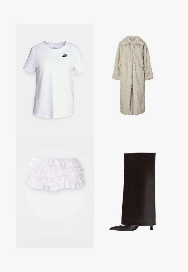 Dlhý kabát z faux kožušiny v svetlo béžovej farbe, so zaobleným golierom a dlhými rukávmi. Mäkka textúra s nadýchaným vzhľadom a bez viditeľných zapínaní.; Biela bavlnená tričko s kulatým výstrihom a krátkymi rukávmi. Má čierne logo Nike na hornej ľavej oblasti hrudníka.; Biela plávková sukňa s volánmi a viacerými vrstvami, so šnúrkou v páse na úpravu. Mäkká látka s hladkým povrchom.; Čierne čižmy po kolená z hladkej kože, s špicatou špičkou a úzkym podpätkom. Minimalistický dizajn s elegantným, štruktúrovaným siluetou.