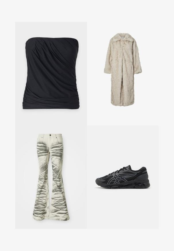 Hosszú, világos bézs színű műszőrme kabát, kihajtott gallérral és hosszú ujjakkal. Puha tapintású, bolyhos megjelenésű, látható záródások nélkül.; Fekete, pántnélküli felső sima, könnyű anyagból, redőzött textúrával és ráncolt oldalakkal. Egyszerű, minimalista dizájn, minta nélkül.; Világos színű, bővülő farmernadrág fekete, texturált vízszintes csíkokkal és gyűrött részletekkel, elülső zsebekkel és fémből készült gombos záródással.; Férfi futócipők fekete hálós anyagból, fényvisszaverő ezüst kiegészítőkkel, párnázott talppal és texturált felülettel a tapadás érdekében.