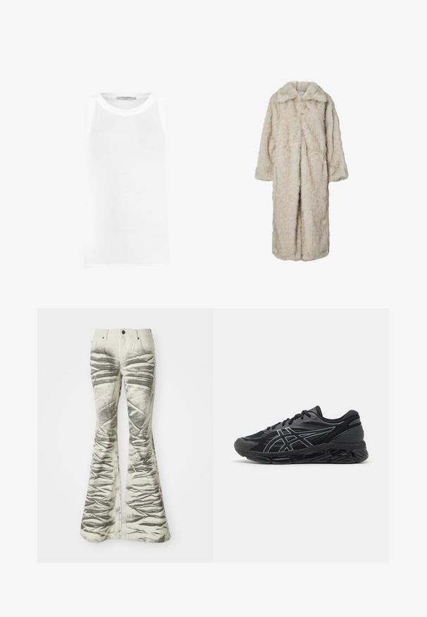 Langer Kunstfellmantel in hellem Beige, mit Reverskragen und langen Ärmeln. Weicher Stoff mit flauschigem Aussehen und ohne sichtbare Verschlüsse.; Weißes ärmelloses Tanktop aus geripptem Stoff, mit Rundhalsausschnitt und nahtlosen Kanten für eine glatte Passform.; Hellfarbene, ausgestellte Jeans mit strukturierten, schwarzen horizontalen Streifen und zerknitterten Details, ausgestattet mit vorderen Taschen und einem Metallknopfverschluss.; Herren Laufschuhe aus schwarzem Mesh mit reflektierenden silbernen Akzenten, ausgestattet mit einer gepolsterten Sohle und einer strukturierten Oberfläche für besseren Halt.