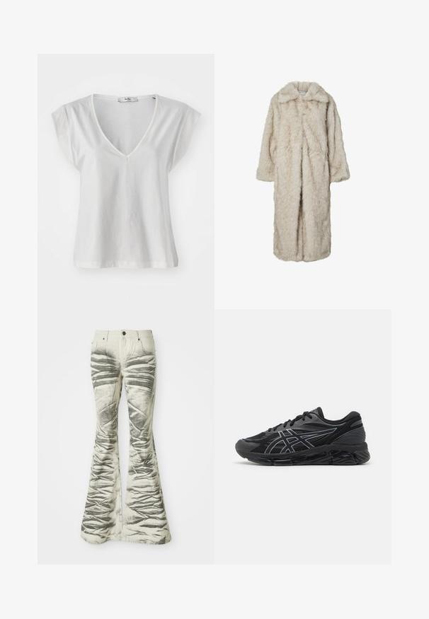 Pikk valevaal saanud mantel heledas beežis, millel on lõigatud krae ja pikad varrukad. Pehme tekstuur ja udune välimus, ilma nähtavate kinnitusteta.; Valge V-kaelusega T-särk, millel on lühikesed varrukad, valmistatud pehmest puuvillakangast. Omab lihtsat lõiget ja veidi vabamat istuvust.; Heledad heledad teksuuriga mustade horisontaalsuurte triipudega heledad flared teksad, millel on ees taskud ja metallnööbiga sulg.; Meeste jooksukingad mustast võrgust peegeldavate hõbedaste detailidega, millel on pehmendatud tallad ja tekstureeritud pind haardeks.