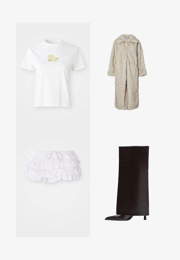 Dlhý kabát z faux kožušiny v svetlo béžovej farbe, so zaobleným golierom a dlhými rukávmi. Mäkka textúra s nadýchaným vzhľadom a bez viditeľných zapínaní.; Biela bavlnená tričko so žltým grafickým dizajnom vpredu. Okrúhly výstrih, krátke rukávy a voľný strih. Hladká textúra.; Biela plávková sukňa s volánmi a viacerými vrstvami, so šnúrkou v páse na úpravu. Mäkká látka s hladkým povrchom.; Čierne čižmy po kolená z hladkej kože, s špicatou špičkou a úzkym podpätkom. Minimalistický dizajn s elegantným, štruktúrovaným siluetou.
