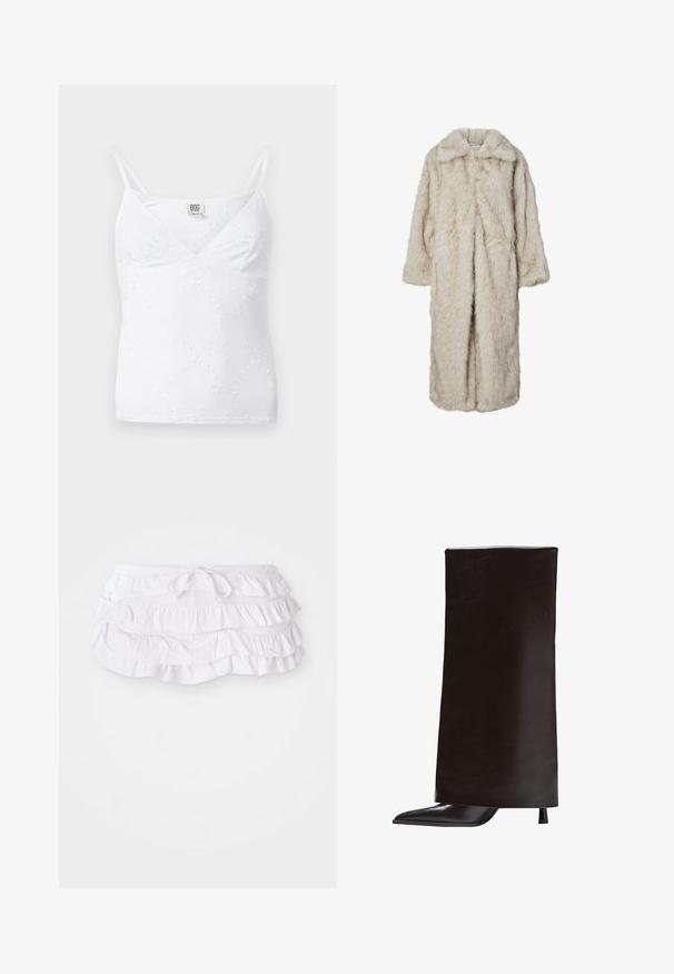 Pitkä vaalea beige keinokarvatakki, jossa on leikattu kaulus ja pitkät hihat. Pehmeä pinta, joka näyttää pörröiseltä, ilman näkyviä kiinnityksiä.; Valkoinen cami-paita, jossa on V-pääntie, ohuet säädettävät hihnat ja hienovarainen kukkakirjonta kankaassa. Siro, kevyt rakenne.; Valkoinen rypytetty uimapuku hame, jossa on useita kerroksia ja säädettävä nyörivartalo. Pehmeä kangas, jolla on sileä pinta.; Mustat polven korkeudelle ulottuvat saappaat, jotka on valmistettu sileästä nahasta, ja joissa on terävä kärki ja kapea korko. Minimalistinen muotoilu, jossa on tyylikäs ja jäsentynyt siluetti.