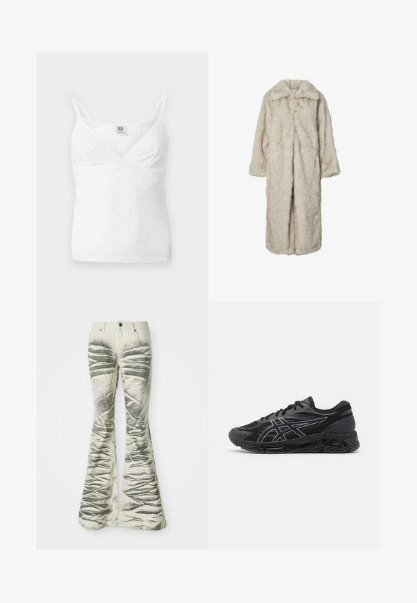 Dolga plašč iz umetnega krzna v svetlo bež barvi, z izrezanim ovratnikom in dolgimi rokavi. Mehka tekstura z puhastim videzom in brez vidnih zapiral. ; Bela majica brez rokavov z V-izrezom, tankimi nastavljivimi naramnicami in nežnim cvetličnim vezenjem po celotni tkanini. Gladek, lahkoten material.; Svetle flared kavbojke z teksturiranimi črnimi horizontalnimi črtami in gubami, z sprednjimi žepi in kovinsko gumbom za zapiranje.; Moški tekaški copati iz črne mrežice z odsevnimi srebrnimi detajli, ki imajo oblazinjen podplat in strukturirano površino za oprijem.