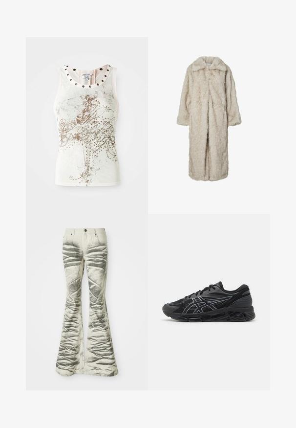 Abrigo largo de pelo sintético en beige claro, con solapas y mangas largas. Textura suave con una apariencia esponjosa y sin cierres visibles.; Camiseta sin mangas de color claro con patrones decorativos dorados y detalles de tachuelas alrededor del escote. Textura de tela suave y lisa.; Vaqueros de campana de color claro con rayas horizontales negras texturizadas y detalles arrugados, con bolsillos delanteros y cierre de botón metálico.; Zapatillas de running para hombre en malla negra con acentos en plata reflectante, que cuentan con una suela acolchada y una superficie texturizada para mayor agarre.