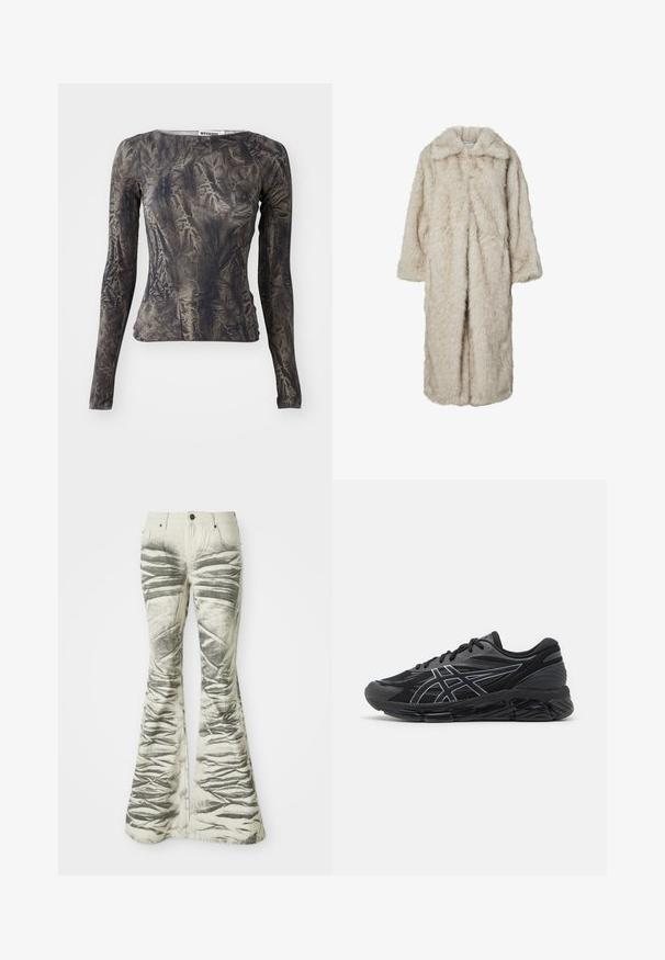 Long faux fur coat in light beige, featuring a notched collar and long sleeves. Soft texture with a fluffy appearance and no visible fastenings.; Long-sleeve top in dark gray with a crinkled texture. Features a round neckline and fitted silhouette. Simple design with minimal accents.; Light-colored flared jeans with textured black horizontal stripes and wrinkled detailing, featuring front pockets and metal button closure.; Men's running shoes in black mesh with reflective silver accents, featuring a cushioned sole and a textured surface for grip.