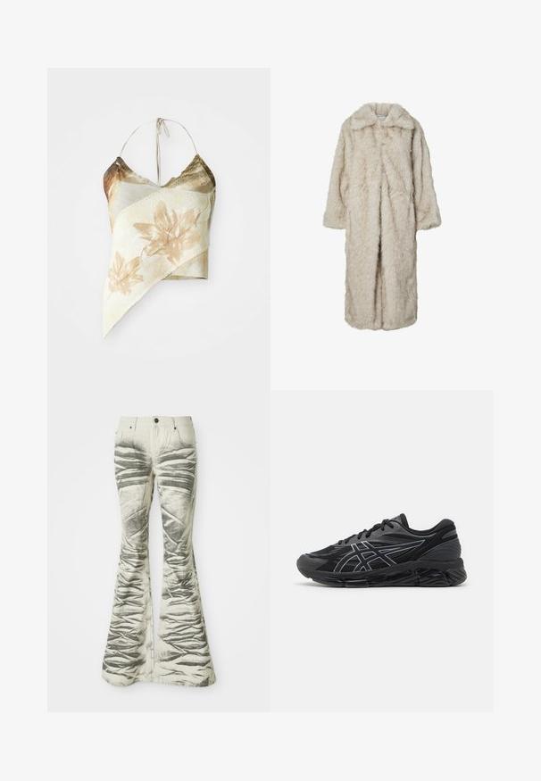 Palton lung din blană sintetică de culoare bej deschis, cu guler tăiat și mâneci lungi. Textură moale cu un aspect pufoș și fără închideri vizibile.; Top scurt cu imprimeu floral asimetric în nuanțe de bej estompat și măsliniu, având o textură din plasă, legături pentru gât tip halter și un design drapat.; Jeans evazați de culoare deschisă cu dungi orizontale texturate negre și detalii șifonate, având buzunare frontale și închidere cu nasture metalic.; Pantofi de alergare pentru bărbați din plasă neagră cu accente argintii reflective, având o talpă amortizată și o suprafață texturată pentru aderență.