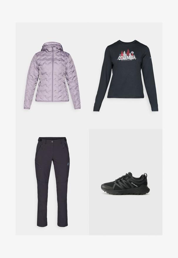 Gaiši purpursarkans pūkains jaka ar kapuci, ar quiltotas raksts, priekšējais rāvējslēdzis un divas sānu kabatas. Izgatavota no gludas, laikapstākļiem izturīgas auduma.; Tumšs pelēks krekls ar garām piedurknēm, ar grafiku, kurā attēloti sarkani koki un kalni; "COLUMBIA" logo treknā baltā tekstā. Mīksta auduma, standarta apaļa kakla izgriezums.; Tumši pelēki pārgājienu bikses, izgatavotas no izturīga materiāla, ar rāvējslēdzēja kabatām, regulējamu jostasvietu un ar logotipa uzšuvi augšējā kājā.; Columbia PEAKFREAK - Pārgājienu apavi - black