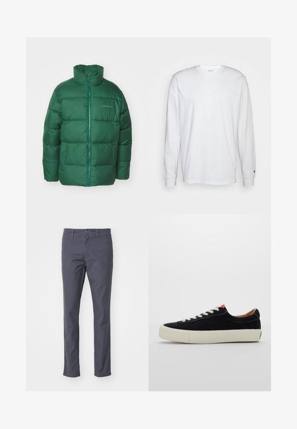 Giacca a vento verde con colletto alto, motivo trapuntato verticale e zip frontale. Presenta due tasche laterali e un logo discreto sul petto.; T-shirt bianca a maniche lunghe realizzata in cotone. Design con collo rotondo, polsini a costine e un piccolo logo sulla manica sinistra. Texture liscia.; Chinos grigi scuri realizzati in tessuto misto cotone. Presentano una chiusura con bottone e cerniera, passanti per cintura e design a gamba dritta.; Sneaker in tessuto nero con lacci bianchi, suola in gomma beige e dettaglio rosso sul tallone. Punta arrotondata e minimo dettaglio di cucitura.