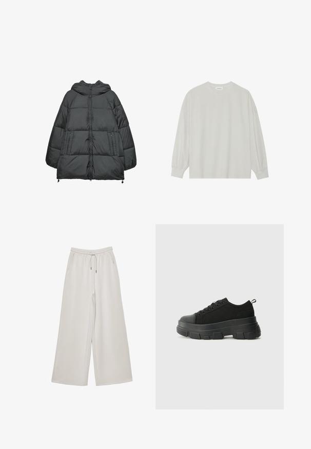 Schwarze Pufferjacke mit Kapuze, ausgestattet mit einem gesteppten Design, mit Reißverschlusstaschen, elastischen Kordeln am Saum und einer glatten Textur.; Helles graues Langarm-T-Shirt aus weicher Baumwolle. Mit lockerer Passform, Rundhalsausschnitt und sanft gerafften Bündchen. Keine Muster oder Grafiken.; Helle graue weit geschnittene Hose aus weichem Stoff mit elastischem Bund, verstellbarem Kordelzug und seitlichen Taschen. Weiche Textur über das gesamte Material.; Schwarze Sneakers mit einer dicken Gummisohle, strukturiertem Obermaterial, runder Zehenpartie und Schnürdesign. Verfügt über verstärkte Ösen und eine Schlaufe an der Rückseite.