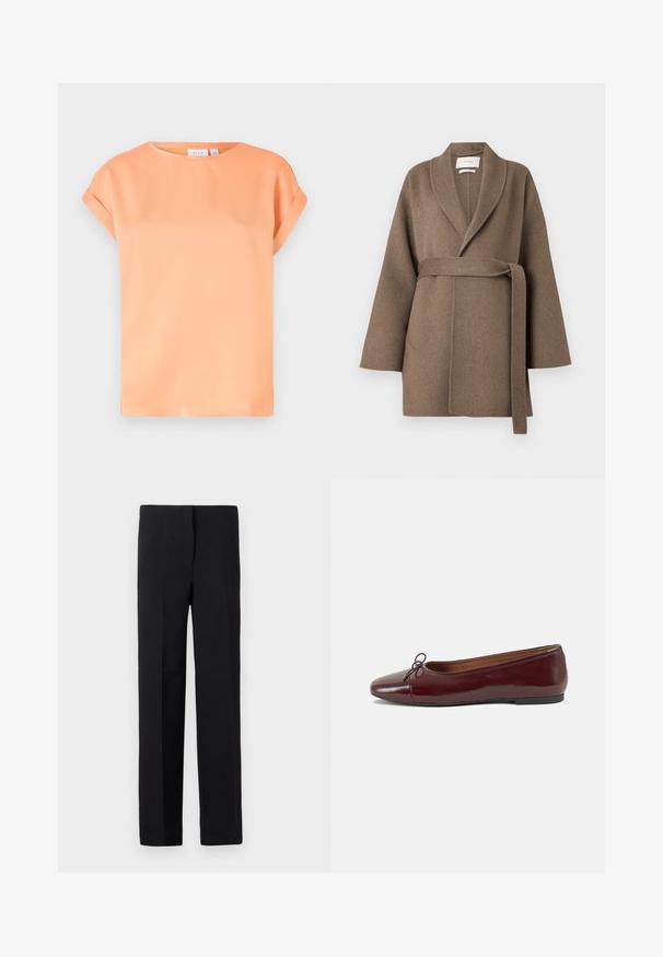 Cappotto in lana marrone con colletto a scialle, vita cintata e maniche ampie. Presenta due tasche frontali e una consistenza morbida.; Top a maniche corte in morbido tessuto arancione. Collo rotondo, vestibilità rilassata con orli arrotolati. Texture liscia con una leggera lucentezza.; Gina Tricot SOFT TOUCH CROPPED TOP - Maglietta a manica lunga - pristine; Pantaloni neri su misura con taglio dritto, caratterizzati da una texture liscia e senza motivi visibili. Vita standard e finitura pulita.; Ballerine in pelle verniciata bordeaux con punta arrotondata, piccolo fiocco decorativo sulla parte anteriore e suola bassa in gomma nera. Texture liscia.