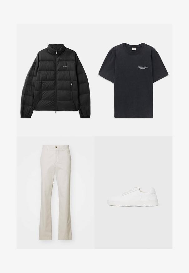 Svart puffjacka med quiltad design, hög krage, fullständig dragkedja fram och två dragkedjefickor. Har en logotyp på vänster bröst.; Svart kortärmad t-shirt med rund halsringning och liten vit "Filling Pieces" textlogga på vänster bröst.; J.LINDEBERG LOIS CLOUD PANTS - Tygbyxor - moonbeam; Vit sneaker med en slät läderöverdel, rund tå, snören, strukturerade sidodekorationer och en tjock gummisula. Minimalistisk design.