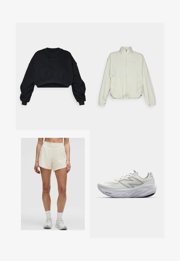 New Balance ATHLETICS OVERSIZED - Chaqueta outdoor - garter snake; Sudadera corta negra con mangas largas y voluminosas y un escote redondo. Confeccionada en suave material de algodón, cuenta con puños y dobladillo acanalados.; Pantalones cortos deportivos de color crema con una cinturilla elástica y bolsillos laterales. La tela parece suave y ligera, adecuada para el uso activo.; Zapatillas deportivas blancas con parte superior de malla, que cuentan con un cuello acolchado, suela texturizada y la marca "Fresh Foam" en la entresuela.