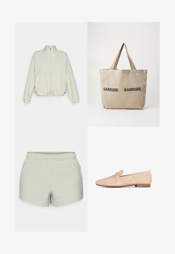 New Balance ATHLETICS OVERSIZED - Chaqueta outdoor - garter snake; Camisa de manga larga color verde claro hecha de tela texturizada, con un escote redondo y un pequeño logotipo en el área del pecho izquierdo.; Pantalones cortos deportivos verde claro hechos de tejido transpirable, con textura perforada y cintura elástica. Logotipo impreso en el lado.; Mocasines de ante beige con puntera fina, hebilla decorativa en tono dorado y tacón de goma bajo, presentando una textura suave y un diseño minimalista.; Bolsa de tela beige con dos logotipos impresos en negro "SAMØE". Presenta correas de hombro beige resistentes y un diseño simple y sin estructuras.