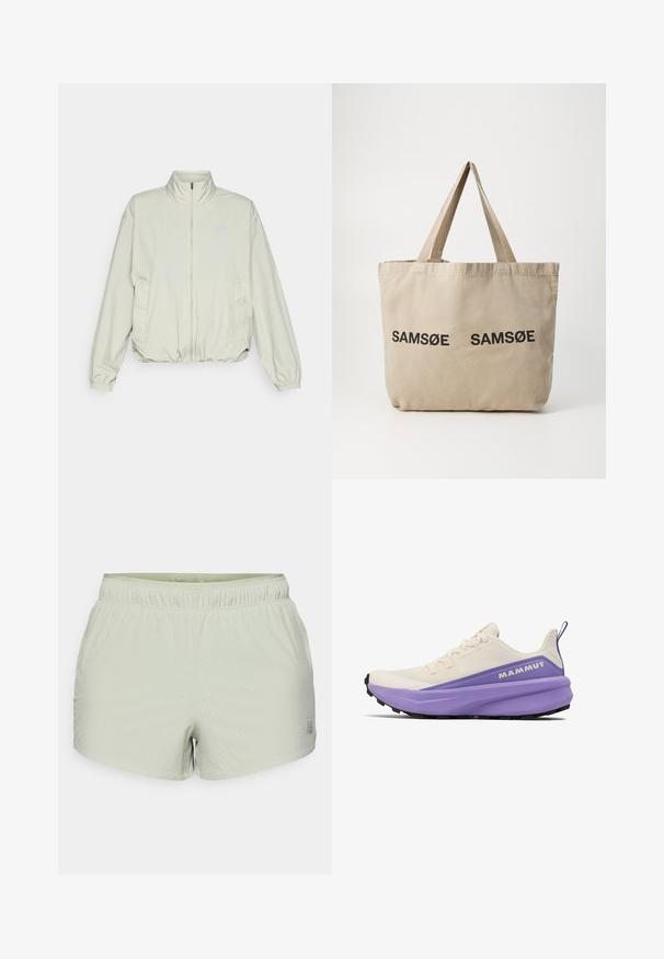 New Balance ATHLETICS OVERSIZED - Outdoorjacka - garter snake; Långärmad ljusgrön skjorta i texturerad tyg, med rund halsringning och en liten logotyp på vänster bröstområde.; Ljusgröna träningsshorts i ett andningsbart material, med en perforerad textur och elastisk midja. Logotyp tryckt på sidan.; Beiga trailrunning-skor med en lila mellansula, texturerad ovandel och robust svart yttersula. Har snören och en dragflik bak för enkel påtagning.; Beige canvas toteväska med två svarta tryckta "SAMØE"-logotyper. Har robusta beige axelremmar och en enkel, ostrukturerad design.