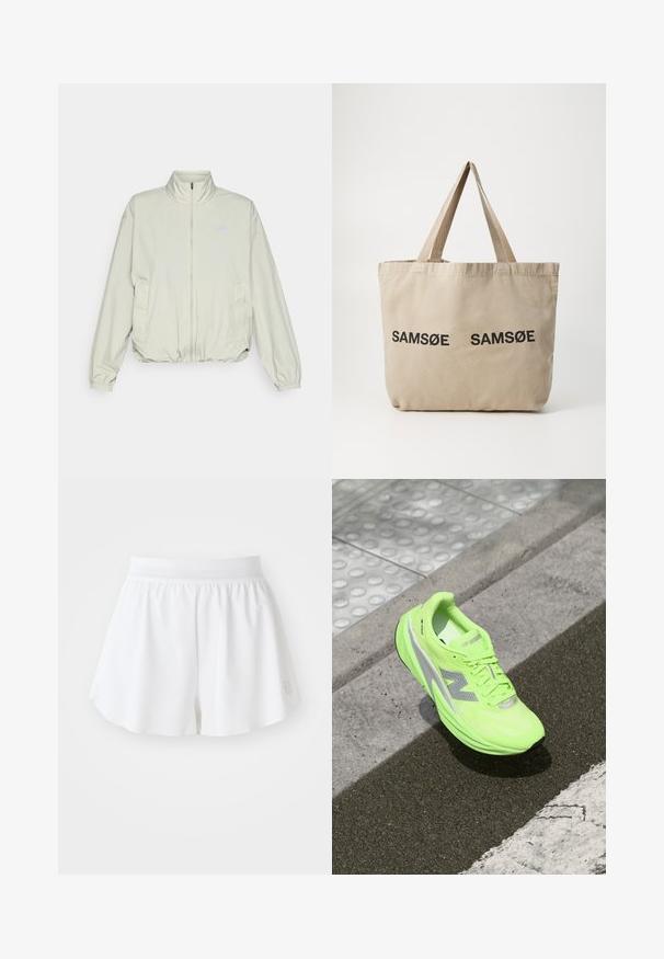 New Balance ATHLETICS OVERSIZED - Szabadtéri dzseki - garter snake; Hosszú ujjú, világoszöld ing, texturált anyagból készült, kerek nyakkivágással és egy kis logóval a bal mellkas területén.; Fehér sportos rövidnadrág sima textúrával, rugalmas derékpánttal és kibővülő fazonnal. Az alsó jobb oldalon egy kis logó található.; Fényes neon zöld New Balance futócipő pihen a texturált járdán, közel egy tapintható gyalogos felülethez és a járdaszegély széléhez.; Beige vászontáska két fekete "SAMØE" logóval. Tartós bézs vállpántokkal és egyszerű, struktúra nélküli dizájnnal rendelkezik.