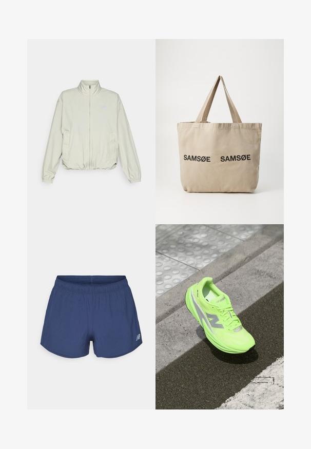New Balance ATHLETICS OVERSIZED - Chaqueta outdoor - garter snake; Camisa de manga larga color verde claro hecha de tela texturizada, con un escote redondo y un pequeño logotipo en el área del pecho izquierdo.; Pantalones cortos deportivos de color azul marino con cintura elástica y pequeño logotipo de New Balance en la parte inferior izquierda.; Zapatilla de running New Balance de un brillante verde neón descansando sobre un pavimento texturizado, cerca de una superficie táctil para caminantes y el borde de la acera.; Bolsa de tela beige con dos logotipos impresos en negro "SAMØE". Presenta correas de hombro beige resistentes y un diseño simple y sin estructuras.