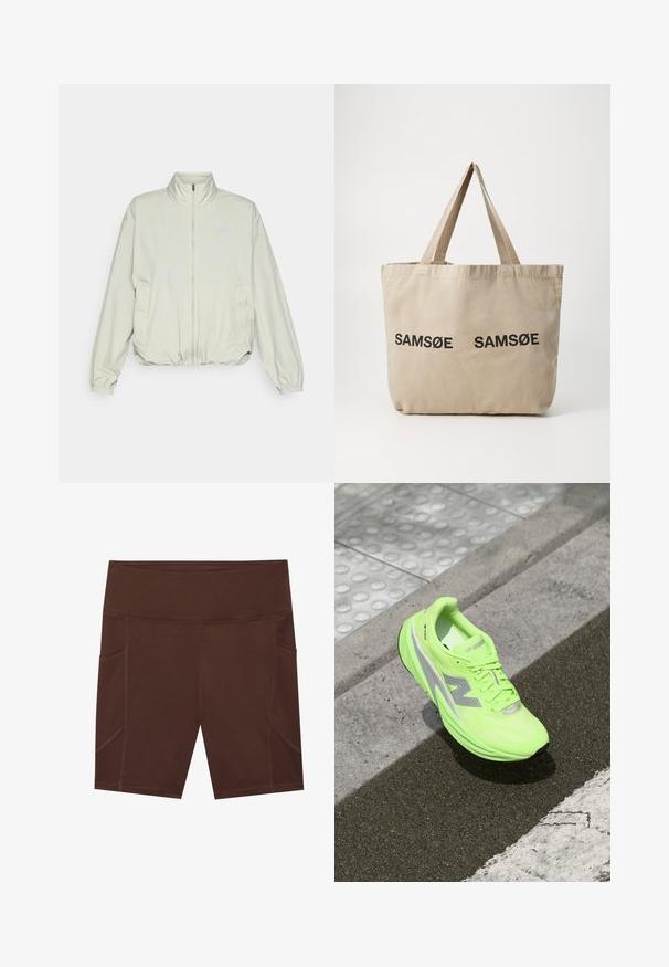 New Balance ATHLETICS OVERSIZED - Chaqueta outdoor - garter snake; Camisa de manga larga color verde claro hecha de tela texturizada, con un escote redondo y un pequeño logotipo en el área del pecho izquierdo.; Pantalones cortos deportivos marrones hechos de una tela suave, con una cintura alta, bolsillos laterales y detalles de costura en contraste.; Zapatilla de running New Balance de un brillante verde neón descansando sobre un pavimento texturizado, cerca de una superficie táctil para caminantes y el borde de la acera.; Bolsa de tela beige con dos logotipos impresos en negro "SAMØE". Presenta correas de hombro beige resistentes y un diseño simple y sin estructuras.